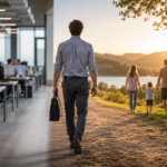 Profesional deja la oficina para reunirse con su familia en un entorno natural, representando el equilibrio entre la vida laboral y la vida personal