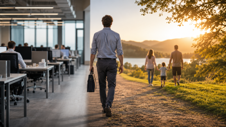Profesional deja la oficina para reunirse con su familia en un entorno natural, representando el equilibrio entre la vida laboral y la vida personal