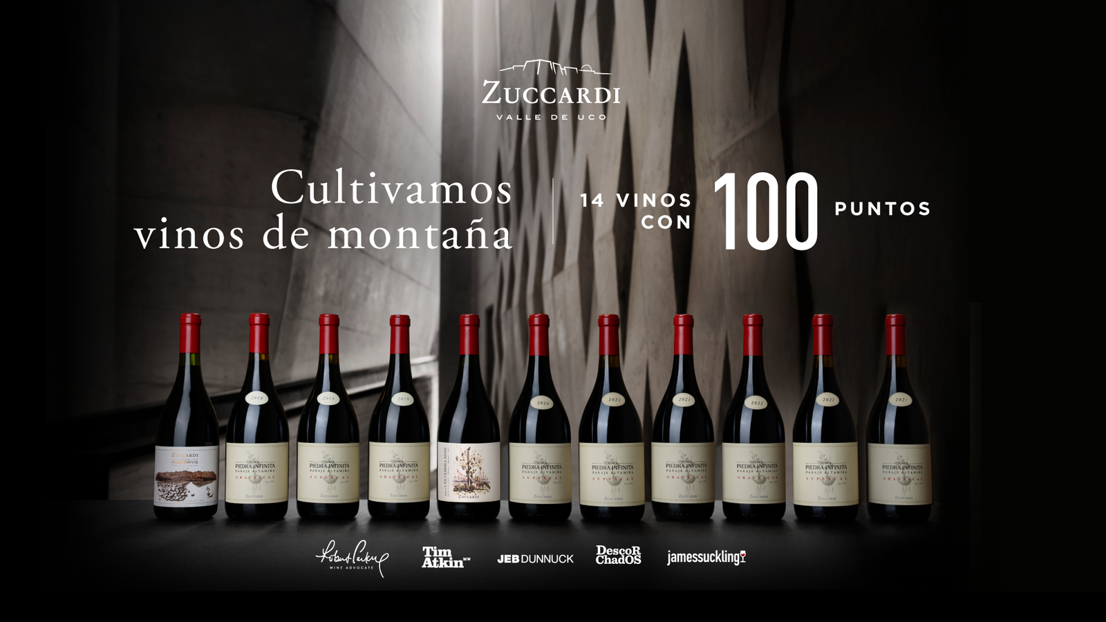 Botellas de vinos de Bodega Zuccardi Valle de Uco distinguidas con 14 calificaciones perfectas de 100 puntos otorgadas por reconocidos críticos internacionales