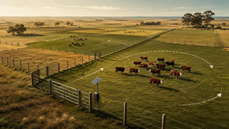 Campo ganadero con bovinos y parcelas delimitadas por alambrados, que representa el rol de la infraestructura en el nuevo modelo productivo argentino
