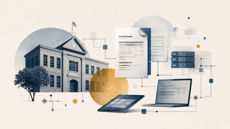 Ilustración de un colegio privado con documentos y dispositivos digitales vinculados a la facturación electrónica
