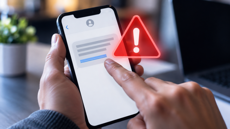 Celular con un mensaje sospechoso y una señal de alerta por una posible estafa