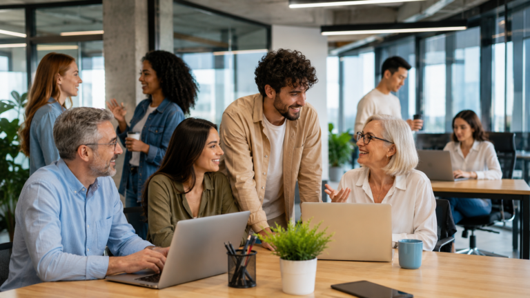 Equipo de trabajo de distintas generaciones colaborando en una oficina moderna, en referencia al empleo híbrido y la diversidad generacional