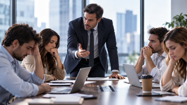 Líder de una empresa en una reunión con empleados preocupados por la falta de confianza