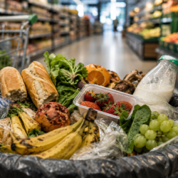 Alimentos descartados en un supermercado, con frutas, verduras, pan y otros productos, como representación del desperdicio de comida en Argentina