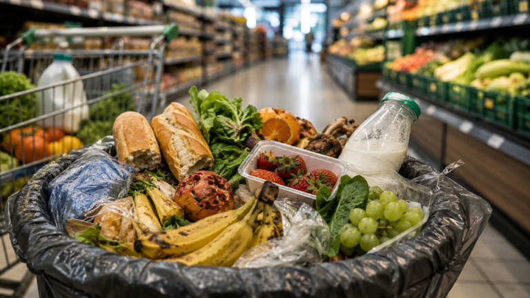 Alimentos descartados en un supermercado, con frutas, verduras, pan y otros productos, como representación del desperdicio de comida en Argentina