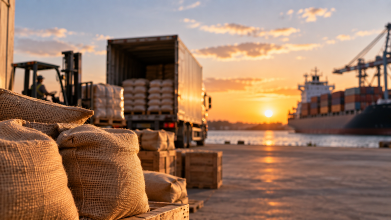 Sacos de productos agrícolas preparados para su exportación en un puerto argentino