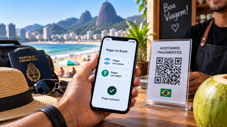 Turista realizando un pago en Brasil con el celular utilizando pesos o USDT