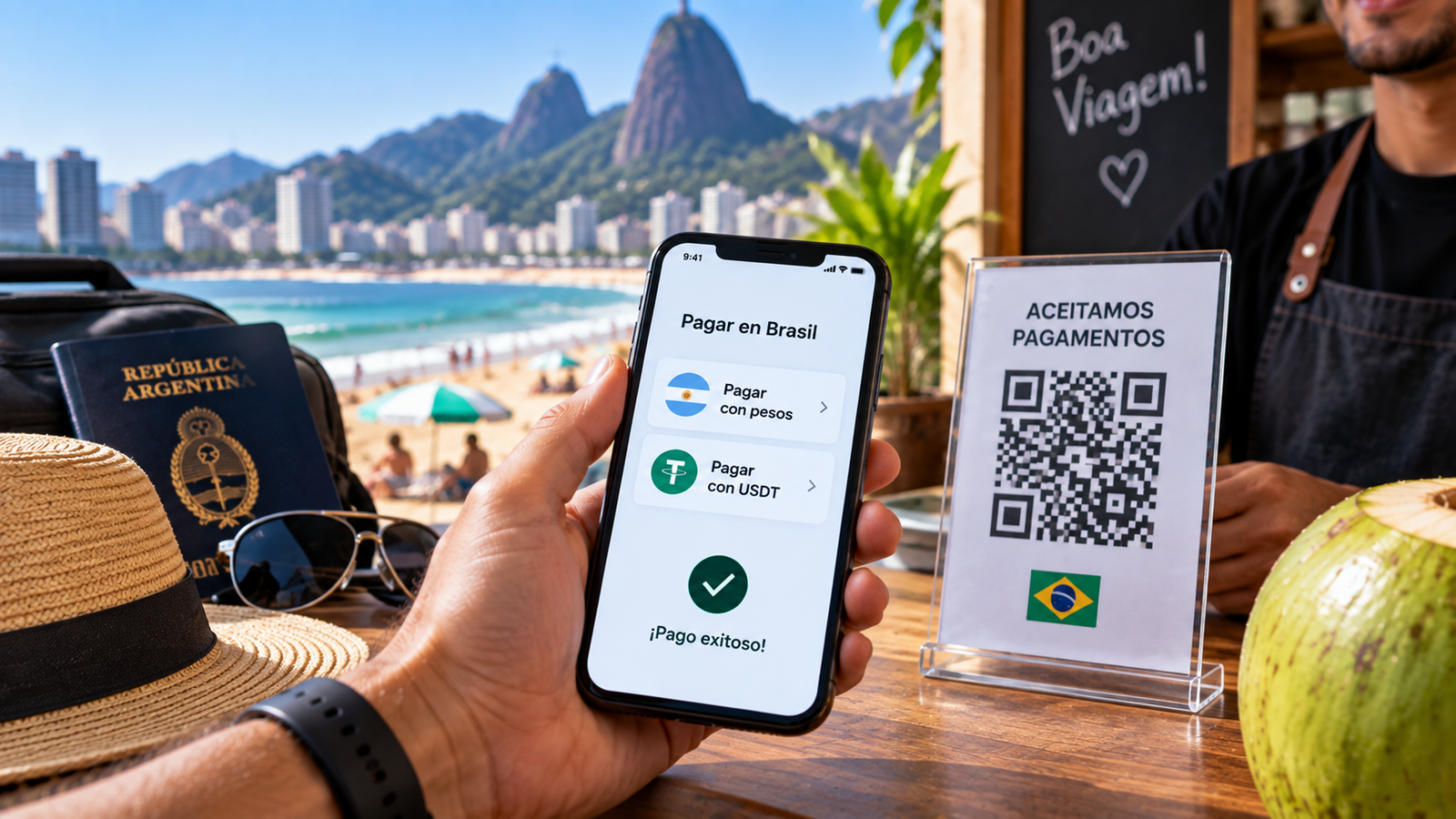 Turista realizando un pago en Brasil con el celular utilizando pesos o USDT