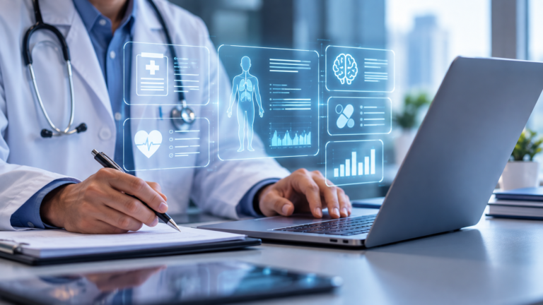 Médico utilizando herramientas digitales para organizar información y asistir la atención de pacientes