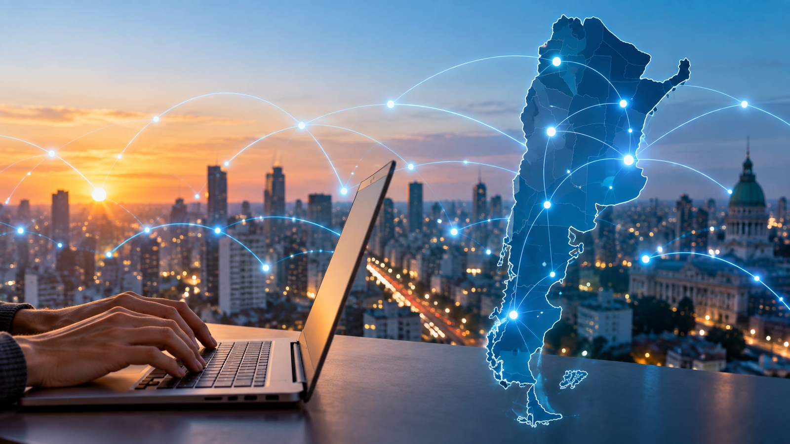Mapa de Argentina con conexiones digitales y una persona utilizando una computadora portátil