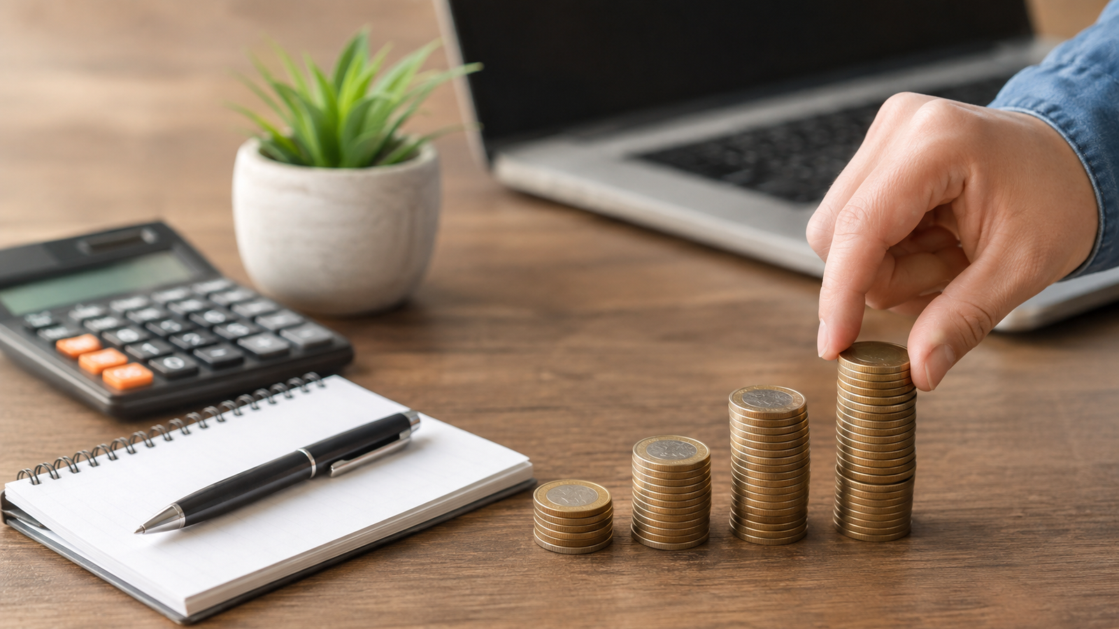Monotributo 2026 con monedas, calculadora y escritorio de trabajo, en referencia a los costos y categorías del régimen