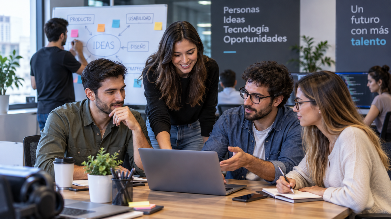 Profesionales de distintas áreas colaborando en un equipo de trabajo dentro de una empresa tecnológica