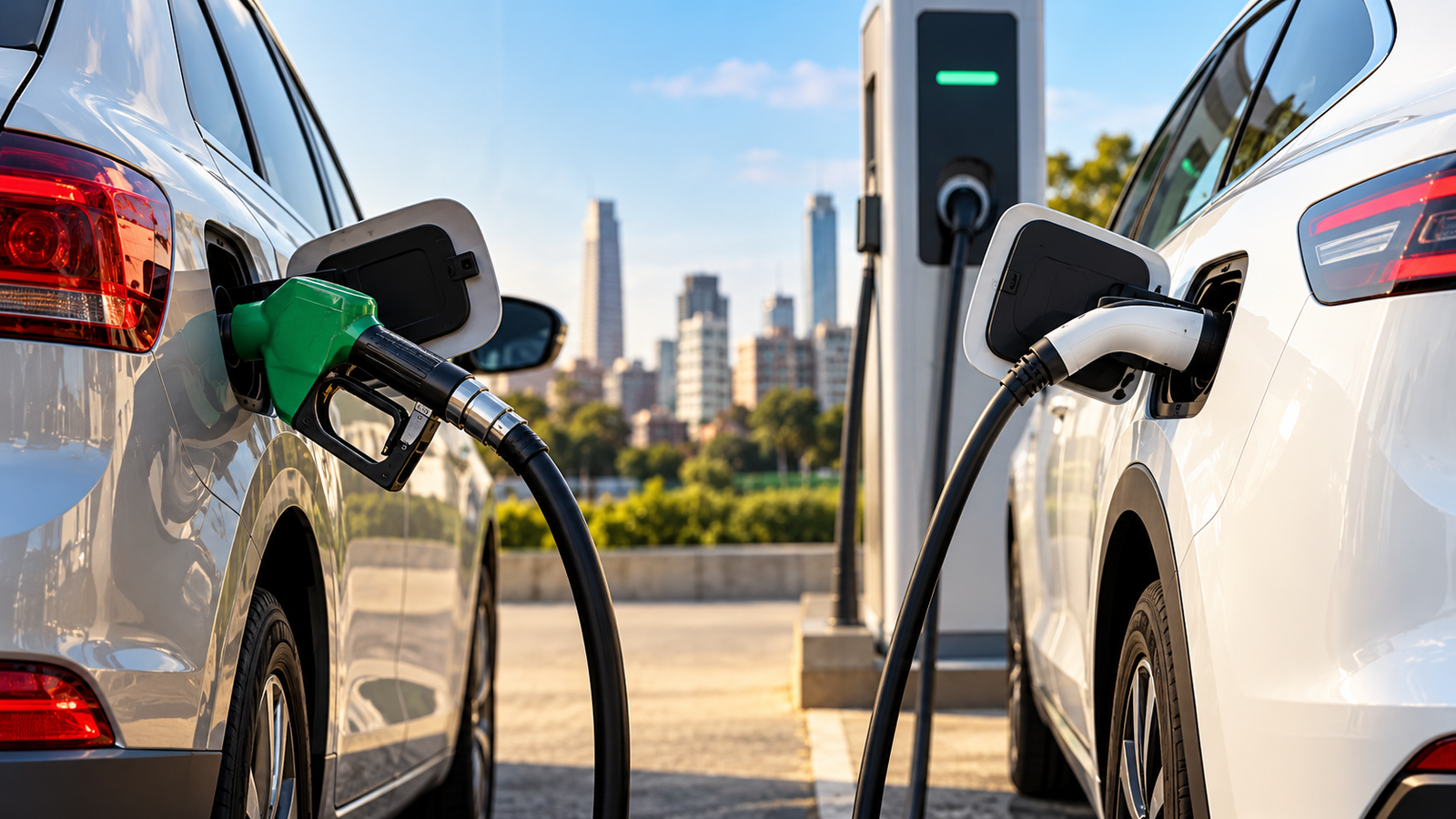 Comparación entre un auto a nafta y un auto eléctrico durante la carga
