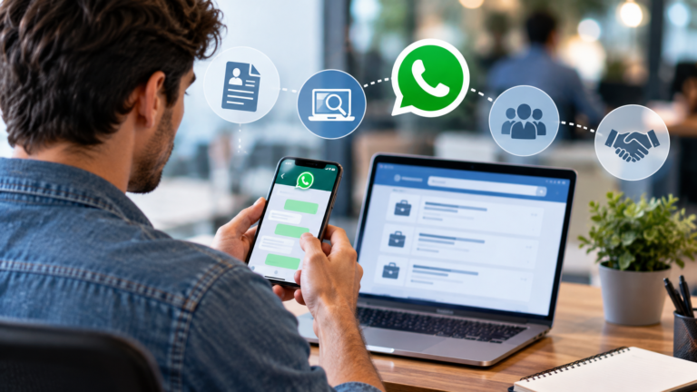 Persona buscando empleo desde una computadora y un celular, combinando CV, portales de trabajo y WhatsApp