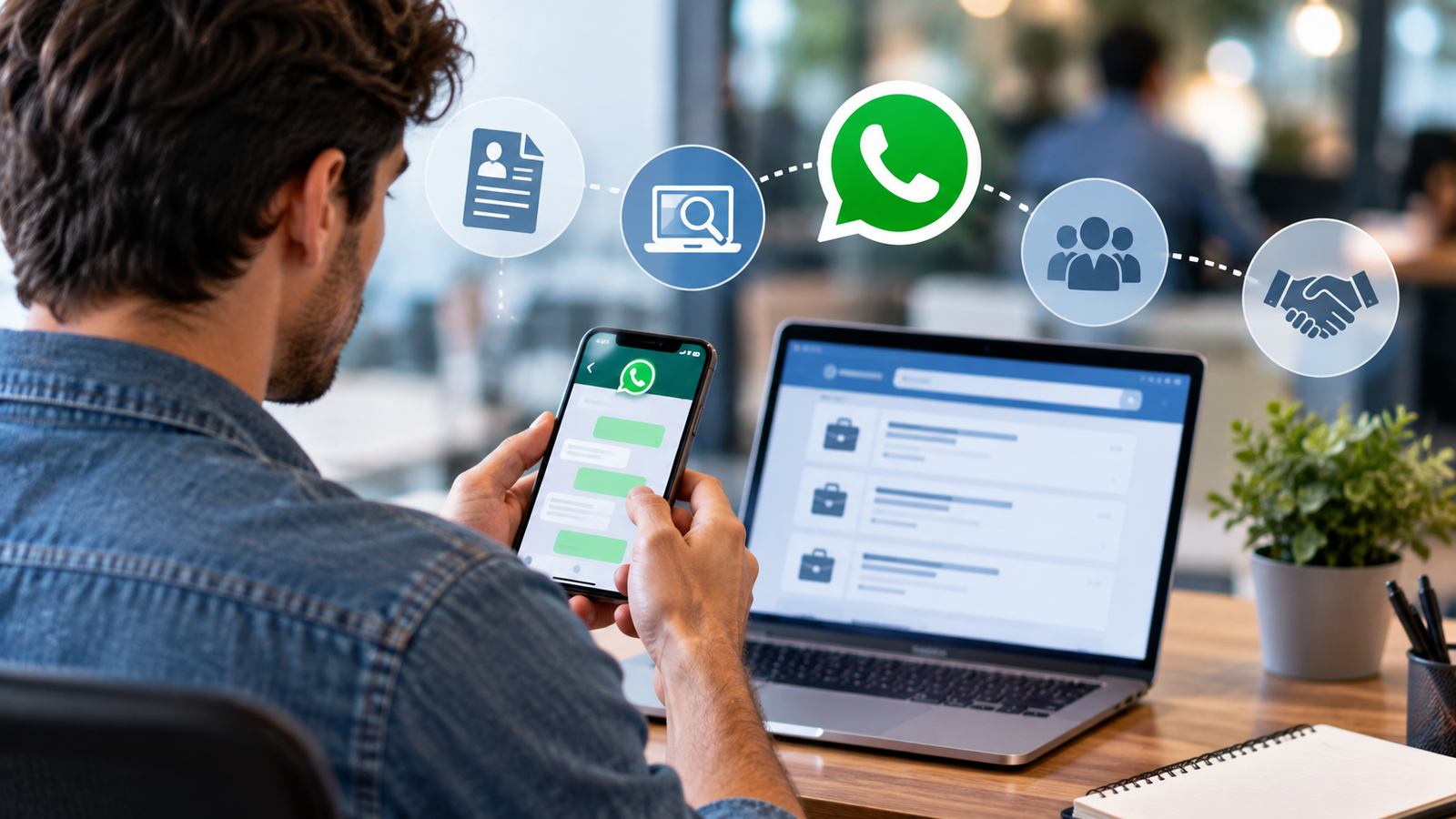 Persona buscando empleo desde una computadora y un celular, combinando CV, portales de trabajo y WhatsApp