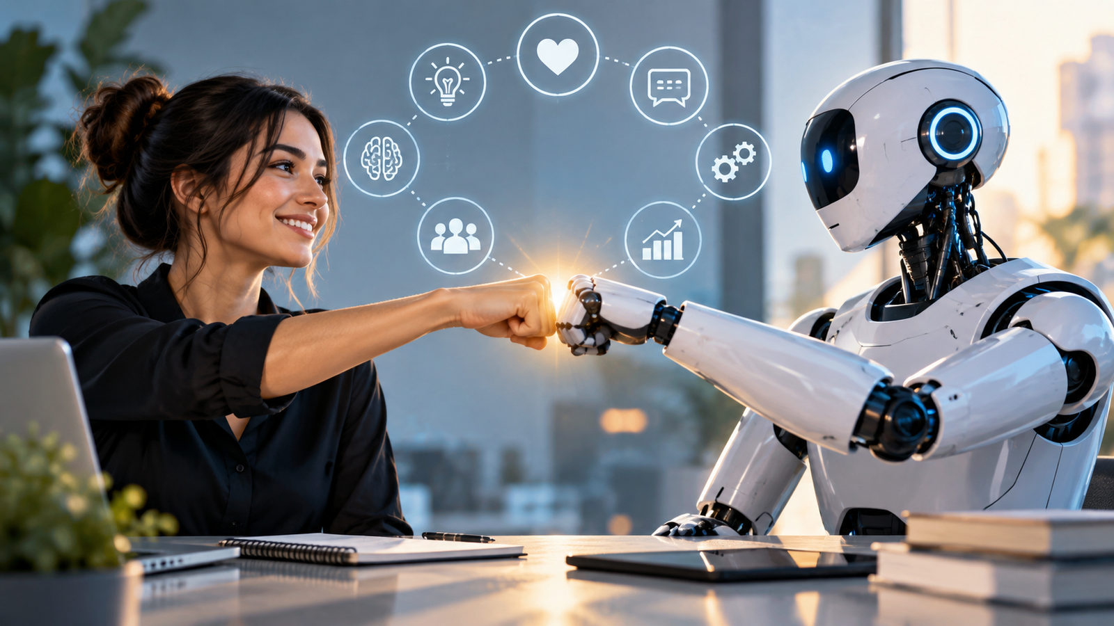 Una trabajadora y un robot humanoide colaboran en una oficina moderna, representando el impacto de la inteligencia artificial en el mercado laboral