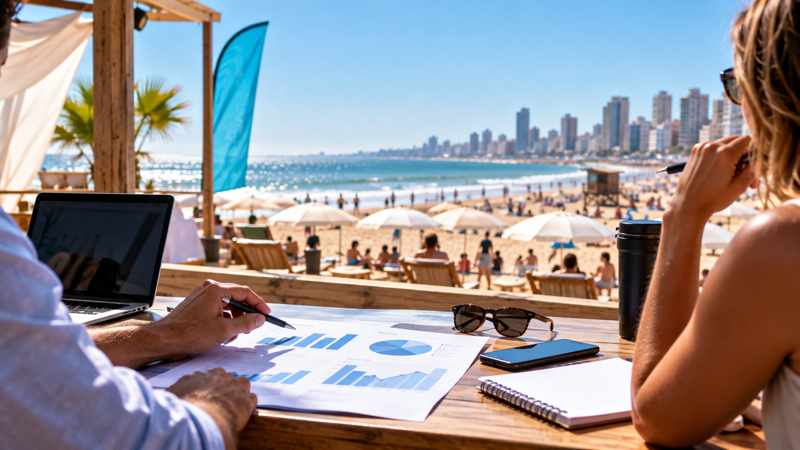 Marcas y equipos planifican la temporada de verano 2027 frente a una playa de la Costa Argentina