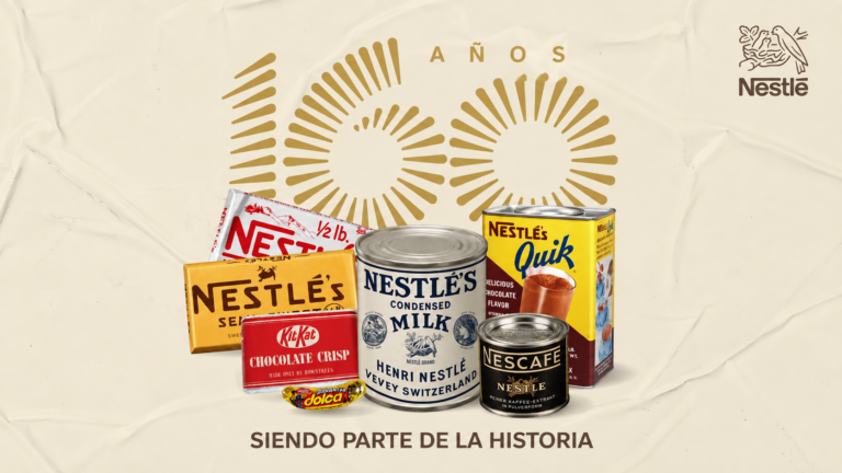 Productos históricos de Nestlé junto al logo de la compañía por sus 160 años