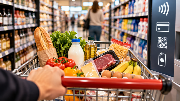 Compras de alimentos y productos de consumo cotidiano en un supermercado argentino