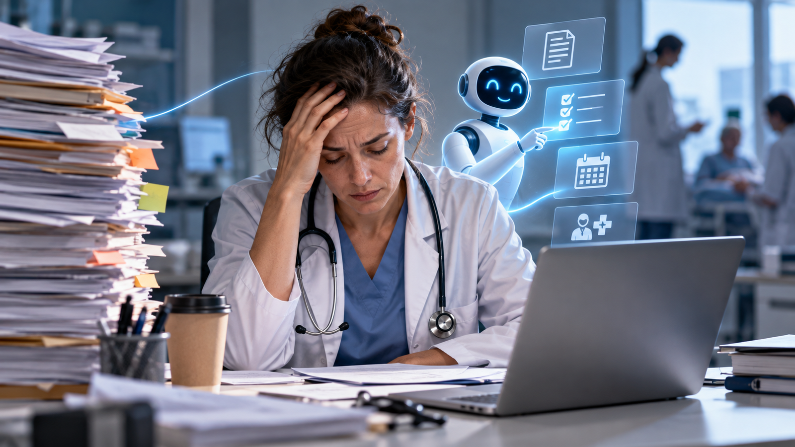 Médica agotada frente a una computadora y rodeada de documentos mientras una herramienta de inteligencia artificial ayuda con tareas administrativas