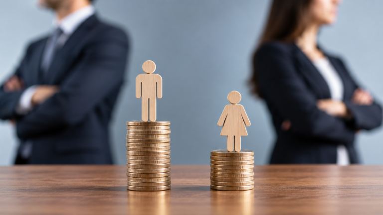 Brecha salarial entre hombres y mujeres representada con figuras sobre pilas de monedas