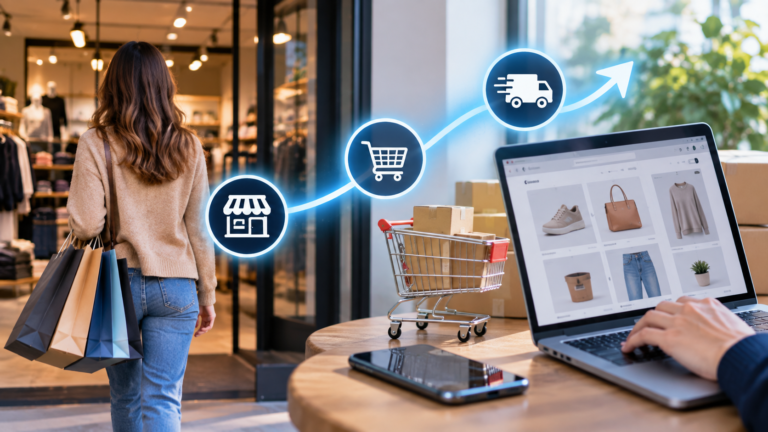 Compras online y comercio físico en Argentina, representados por una tienda y una compra digital