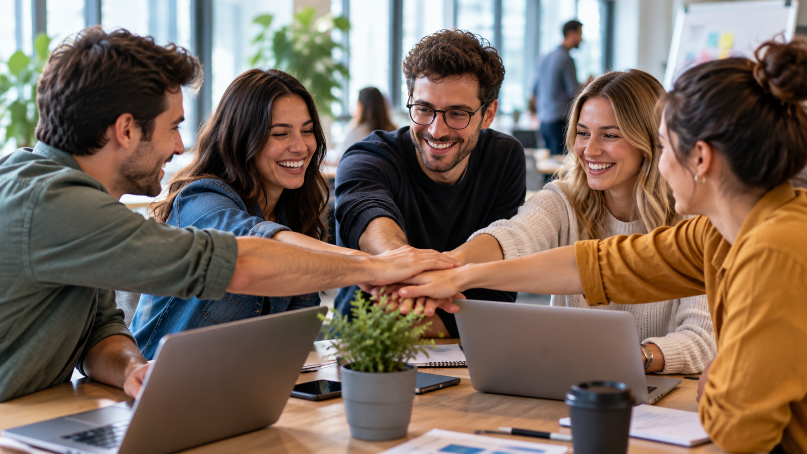 Equipo de trabajo reunido en una oficina y compartiendo un momento de colaboración y compañerismo
