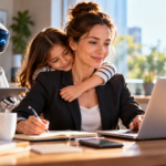 Mujer líder trabajando con inteligencia artificial mientras comparte tiempo con su hija