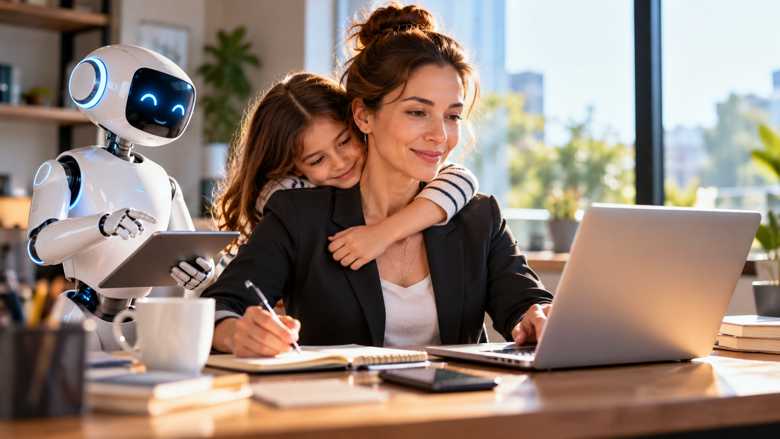 Mujer líder trabajando con inteligencia artificial mientras comparte tiempo con su hija