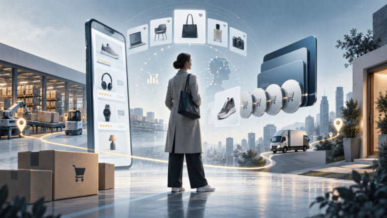 Consumidora realizando compras online mientras el comercio electrónico conecta productos, logística y entregas a domicilio