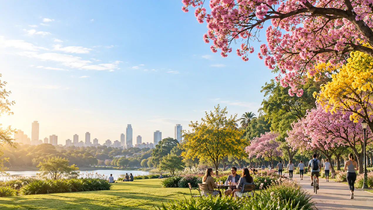 Parque urbano con árboles en flor, lago y personas disfrutando de actividades al aire libre en primavera