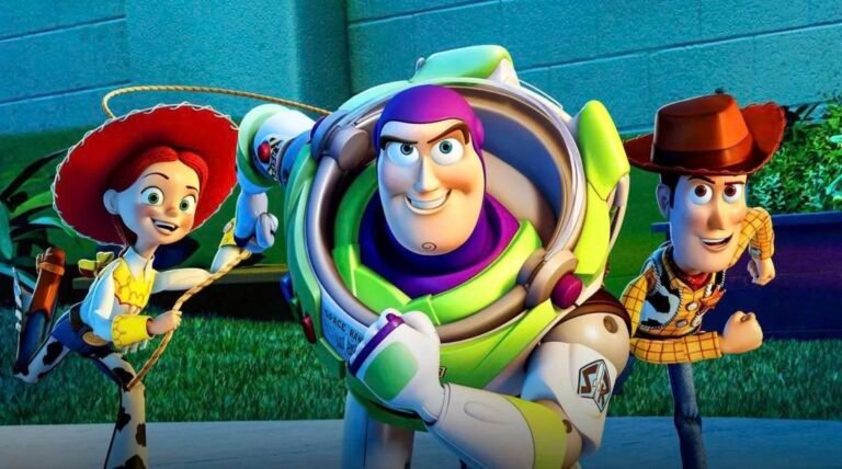 Woody, Buzz Lightyear y Jessie de Toy Story juntos en una escena de la película