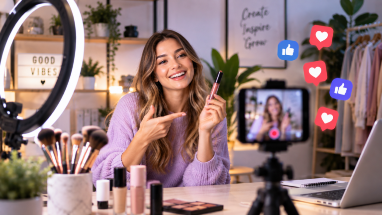 Influencer creando contenido de belleza para redes sociales mientras una cámara registra la publicación