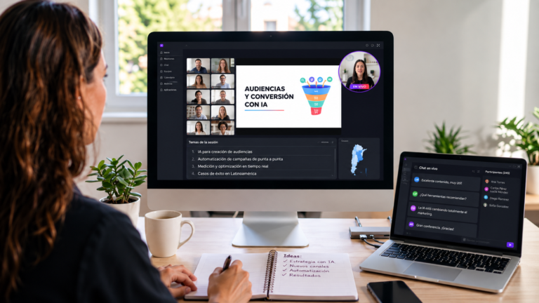 Mujer participando de una capacitación online sobre inteligencia artificial aplicada al marketing