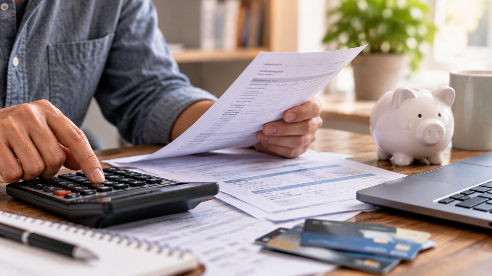 Persona revisando deudas y cuentas con una calculadora, documentos y tarjetas de crédito
