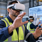 Trabajador utilizando realidad virtual para capacitación en seguridad laboral