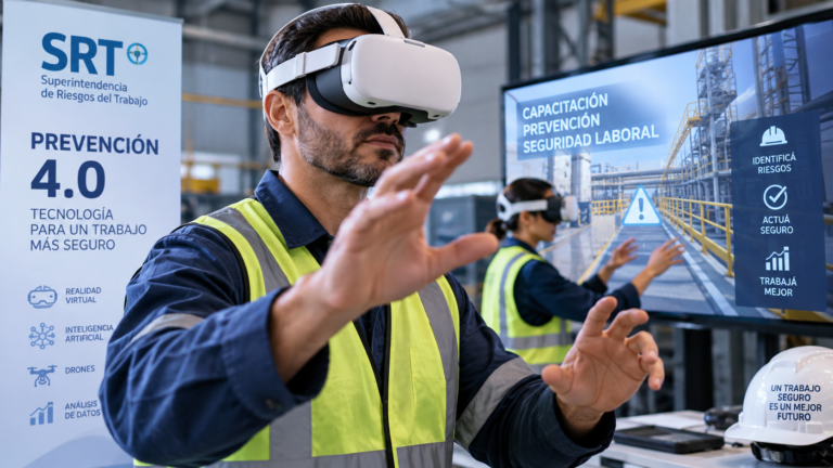 Trabajador utilizando realidad virtual para capacitación en seguridad laboral