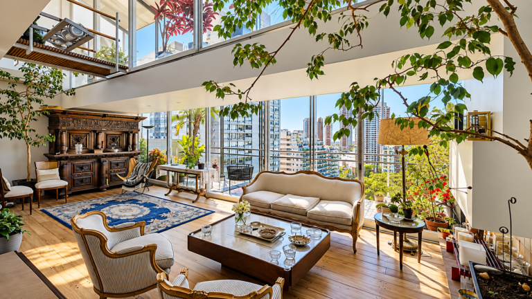 Living luminoso de una propiedad con grandes ventanales y vista panorámica de la ciudad