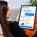 Mujer utilizando un asistente de inteligencia artificial para comparar productos y realizar una compra online