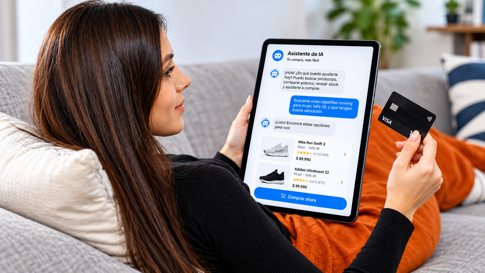 Mujer utilizando un asistente de inteligencia artificial para comparar productos y realizar una compra online