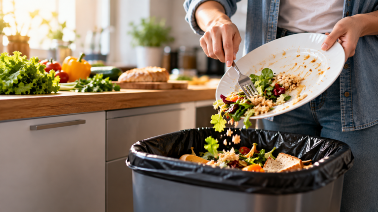 Persona tirando restos de comida a la basura en una cocina