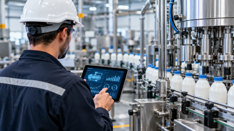 Trabajador supervisando una línea de producción industrial con una tablet para controlar el funcionamiento de las máquinas