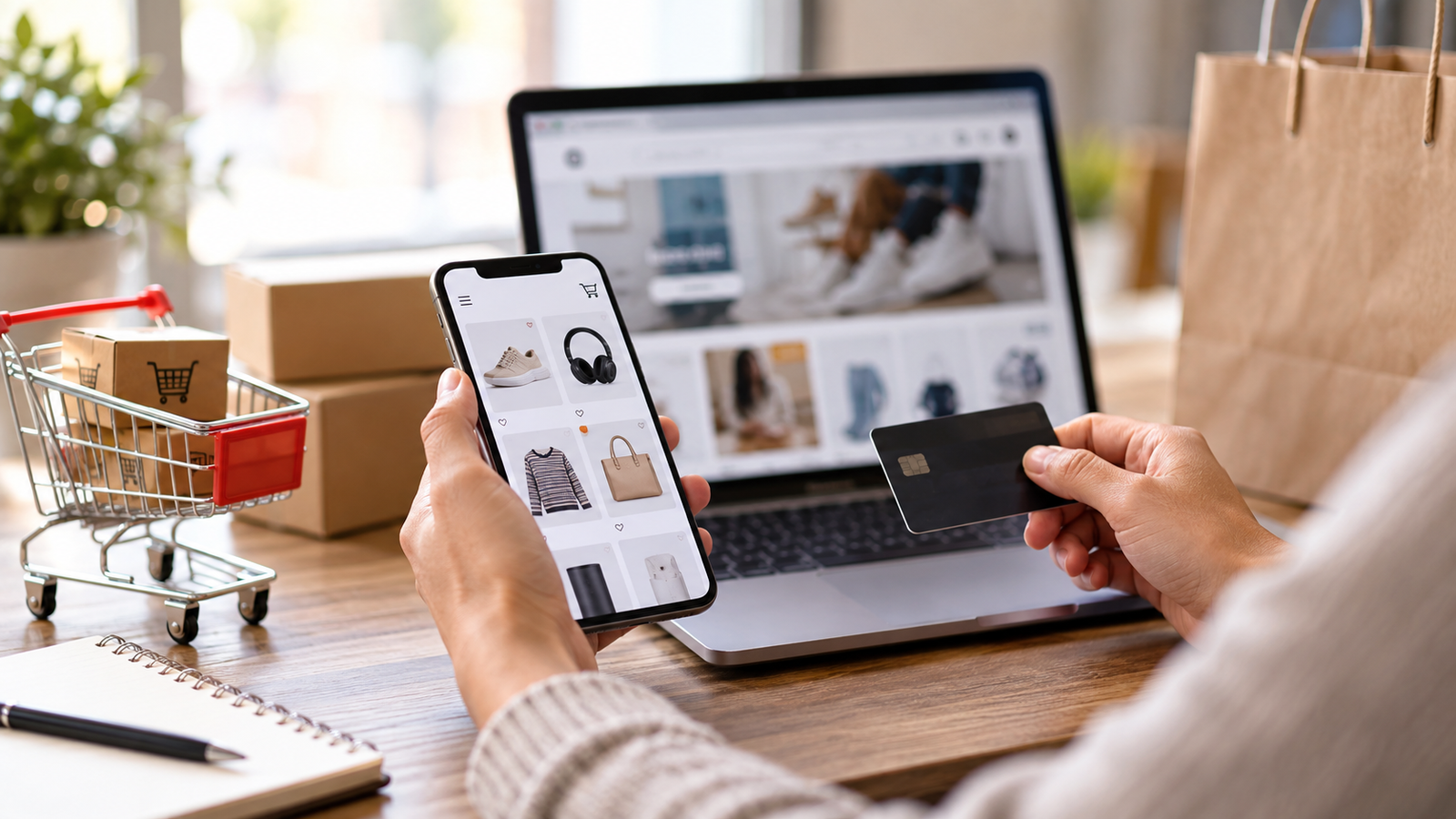 Persona realizando compras online desde un celular y una computadora con tarjeta de crédito, una tendencia que sigue creciendo en Argentina en 2026