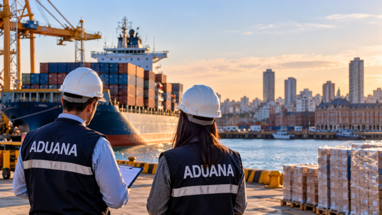 Profesionales de Aduana en un puerto de cargas, en el marco del Encuentro Nacional de Despachantes de Aduana y Agentes de Transporte Aduanero