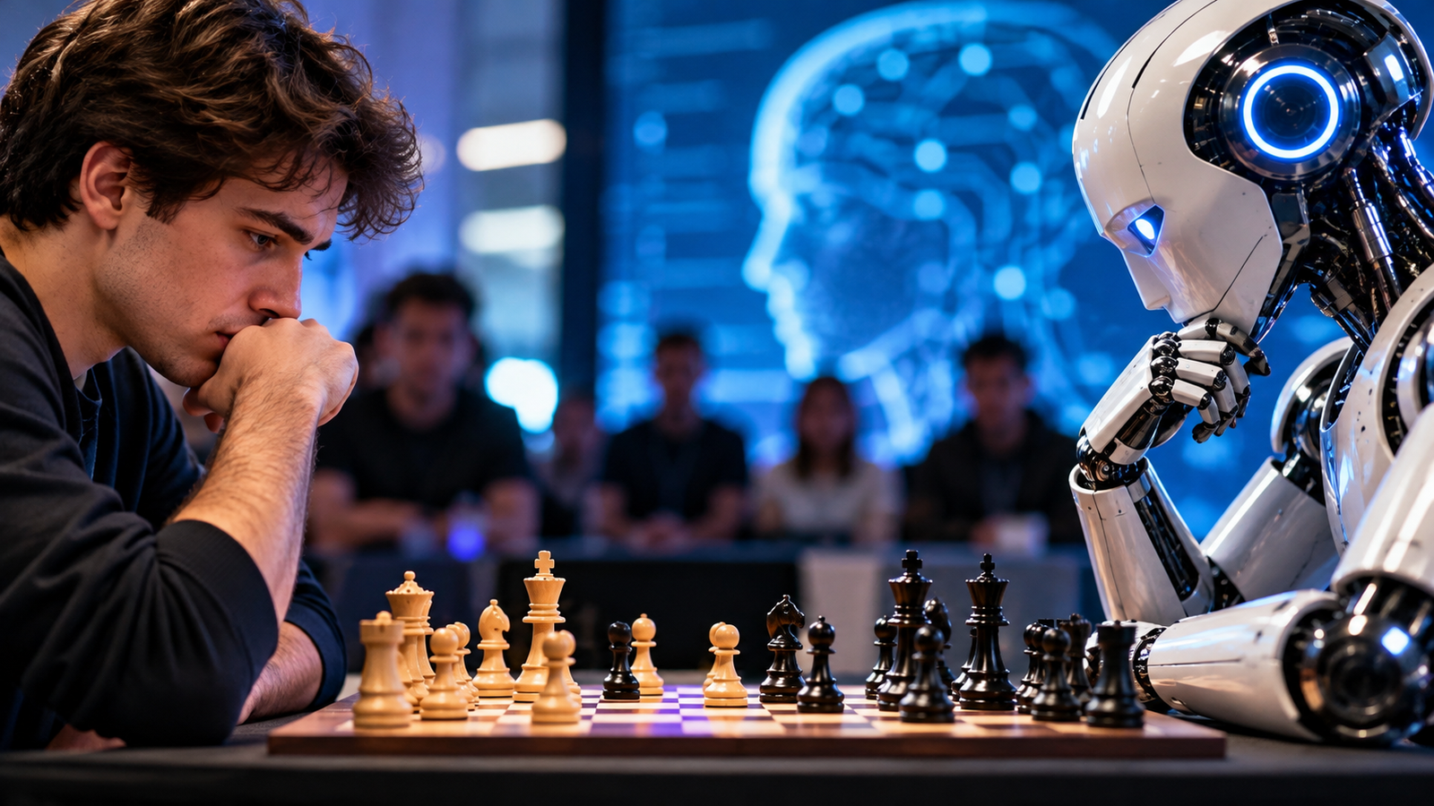 Imagen ilustrativa de un joven ajedrecista enfrentándose a un robot con inteligencia artificial frente a un tablero de ajedrez, en referencia al desafío Jaque a la IA de Rosario TechWeek 2026