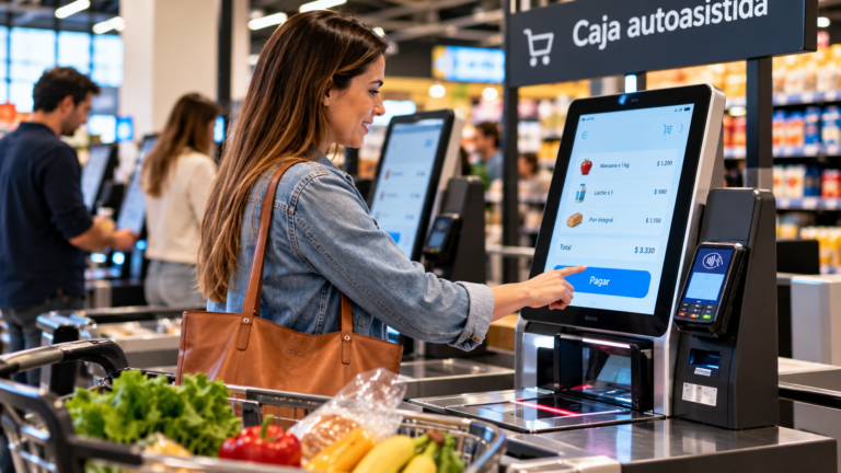 Imagen ilustrativa de una mujer utilizando una caja de autoservicio en un supermercado, con pantalla táctil y terminal de pago electrónico, una tecnología que permite realizar compras sin pasar por una caja tradicional