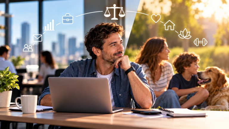 Imagen ilustrativa de un trabajador frente a su computadora, con su familia disfrutando de un momento al aire libre, que representa la importancia del equilibrio entre la vida laboral y personal para los argentinos