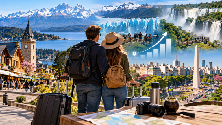 Pareja de turistas con valijas frente a un collage de destinos argentinos, con paisajes de Bariloche, el glaciar Perito Moreno, las Cataratas del Iguazú y Buenos Aires, ilustrando el movimiento turístico del feriado largo de octubre