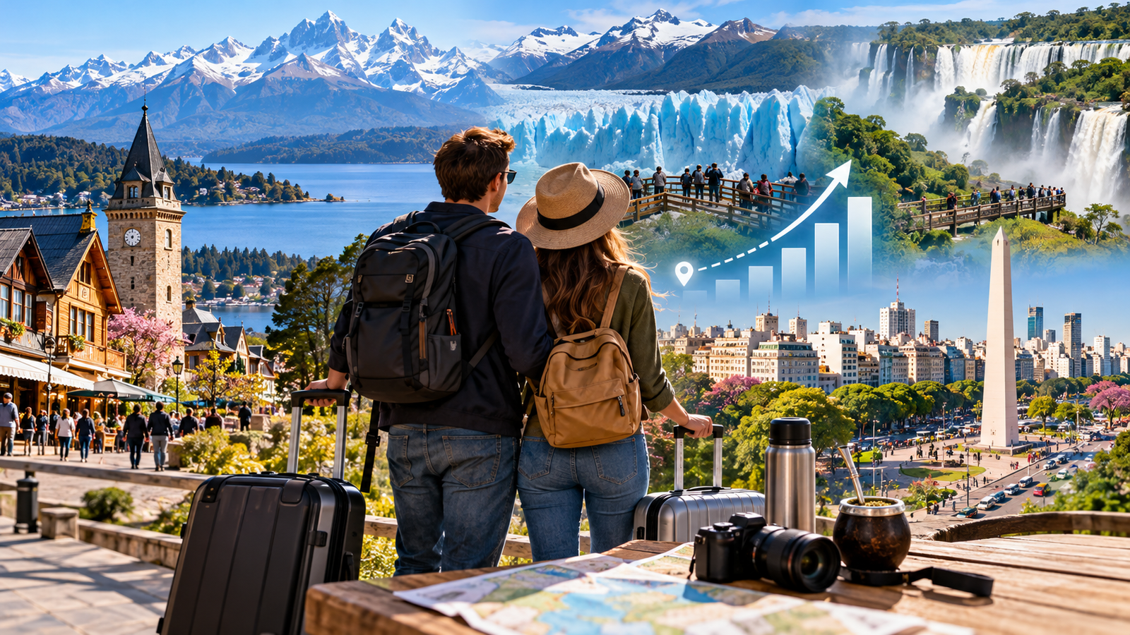 Pareja de turistas con valijas frente a un collage de destinos argentinos, con paisajes de Bariloche, el glaciar Perito Moreno, las Cataratas del Iguazú y Buenos Aires, ilustrando el movimiento turístico del feriado largo de octubre